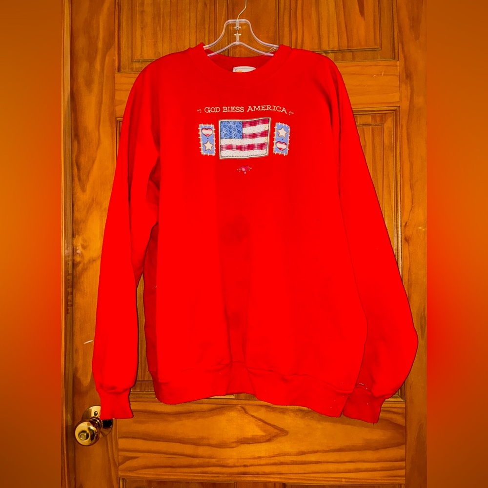 Vintage Morning Sun God Bless America patriotic sweatshirt red XL USA flag